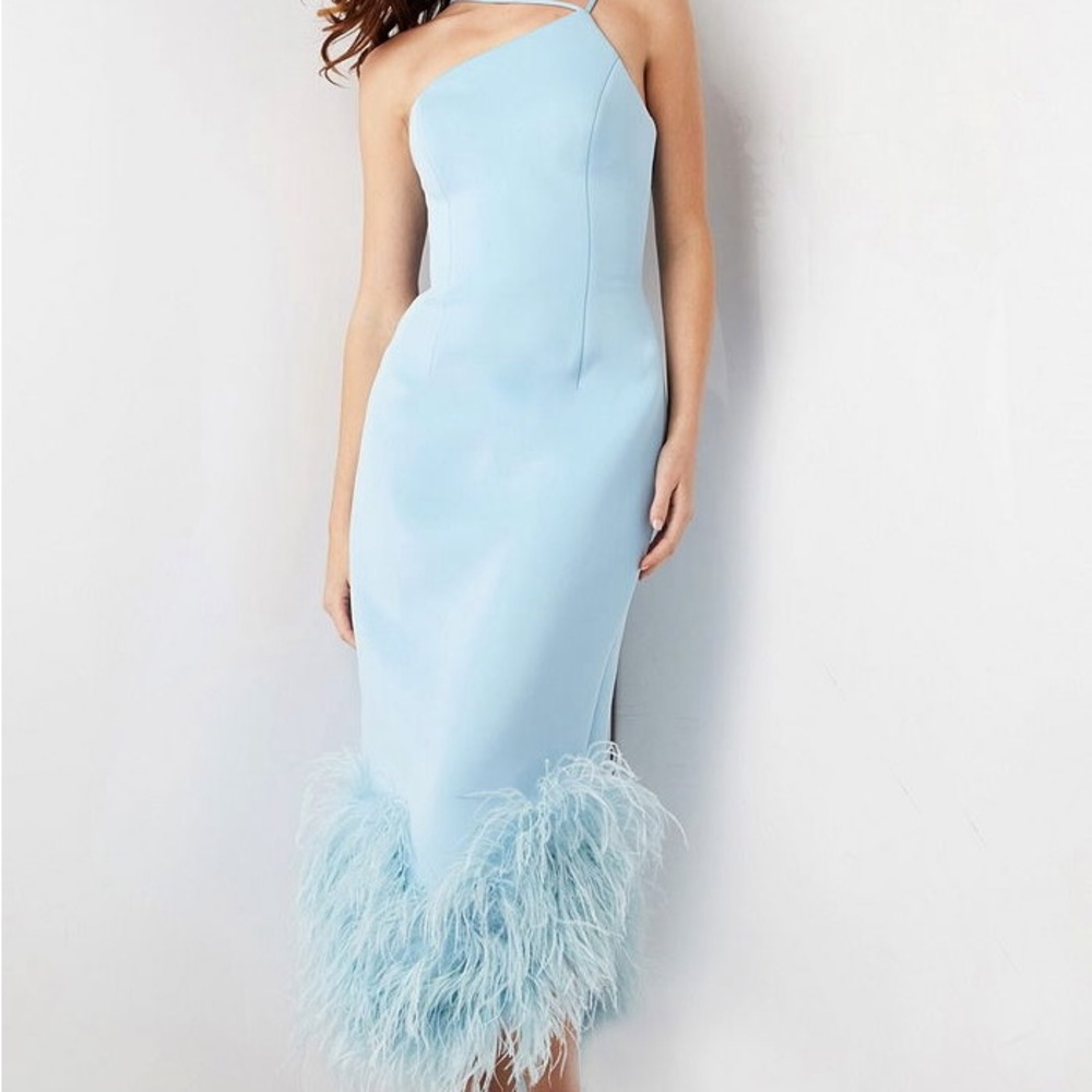 Jovani Blue Wedding Guest Dress w Feathers